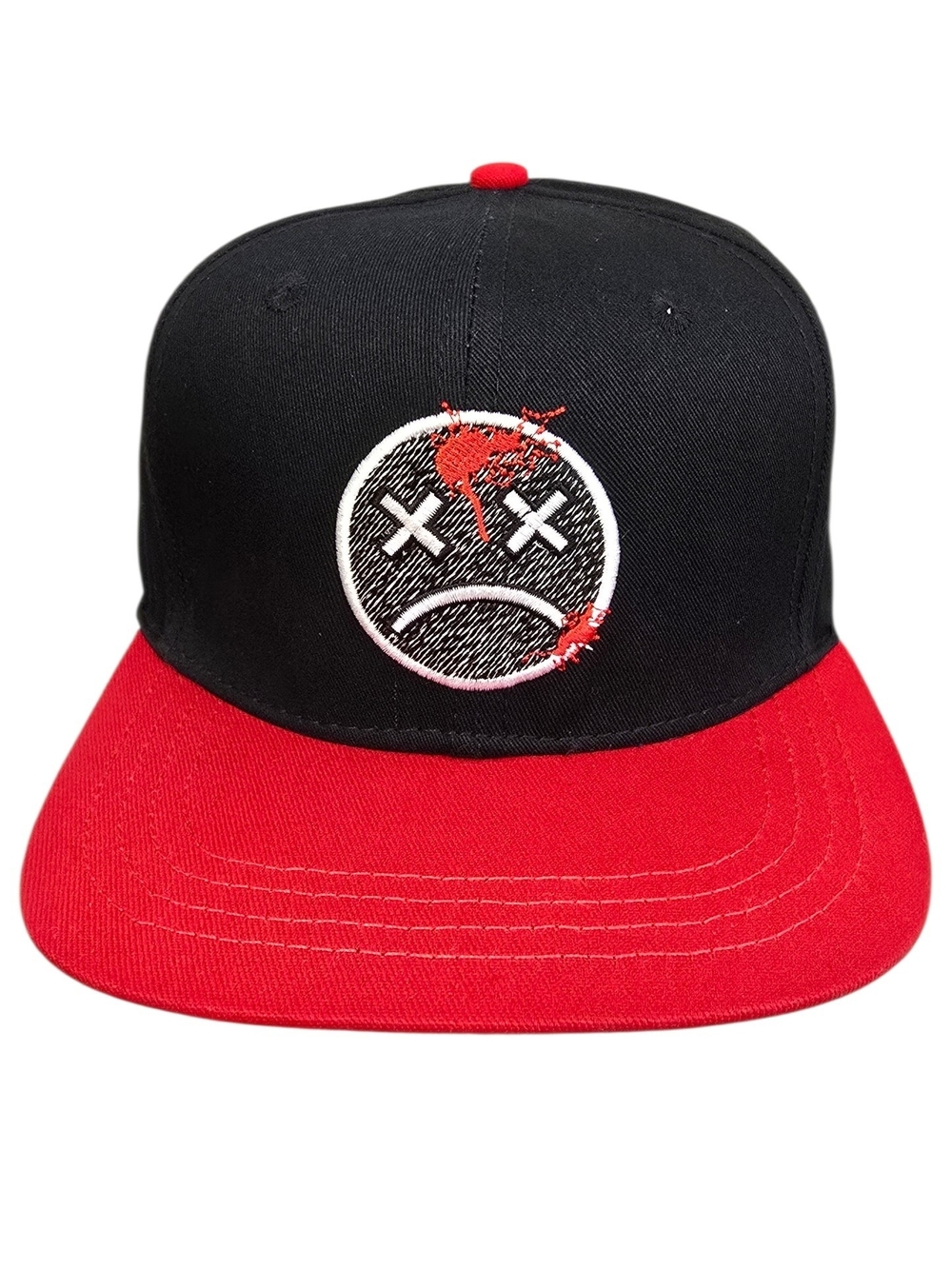 Black & Red Snapback Hat with Embroidered Sad Face